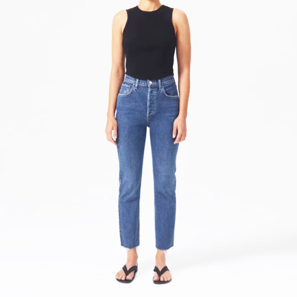 Agolde Riley High-Rise Straight Crop Jeans in Sphere with Frayed Hem - Size 23